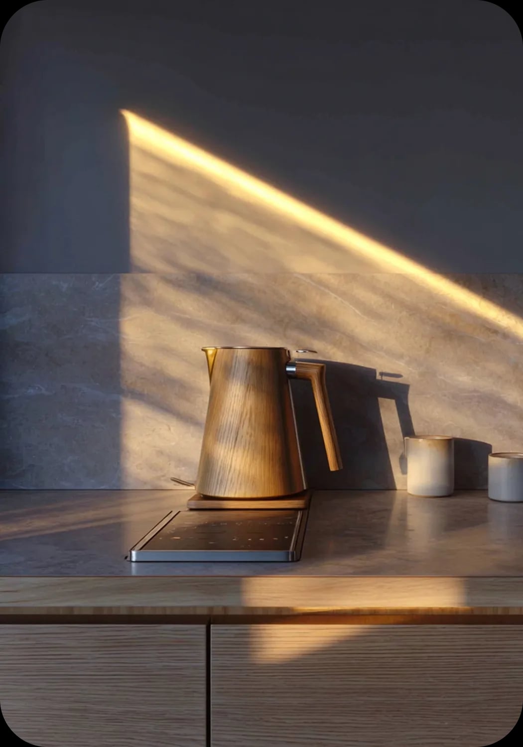 Cozy kitchen scene during golden hour