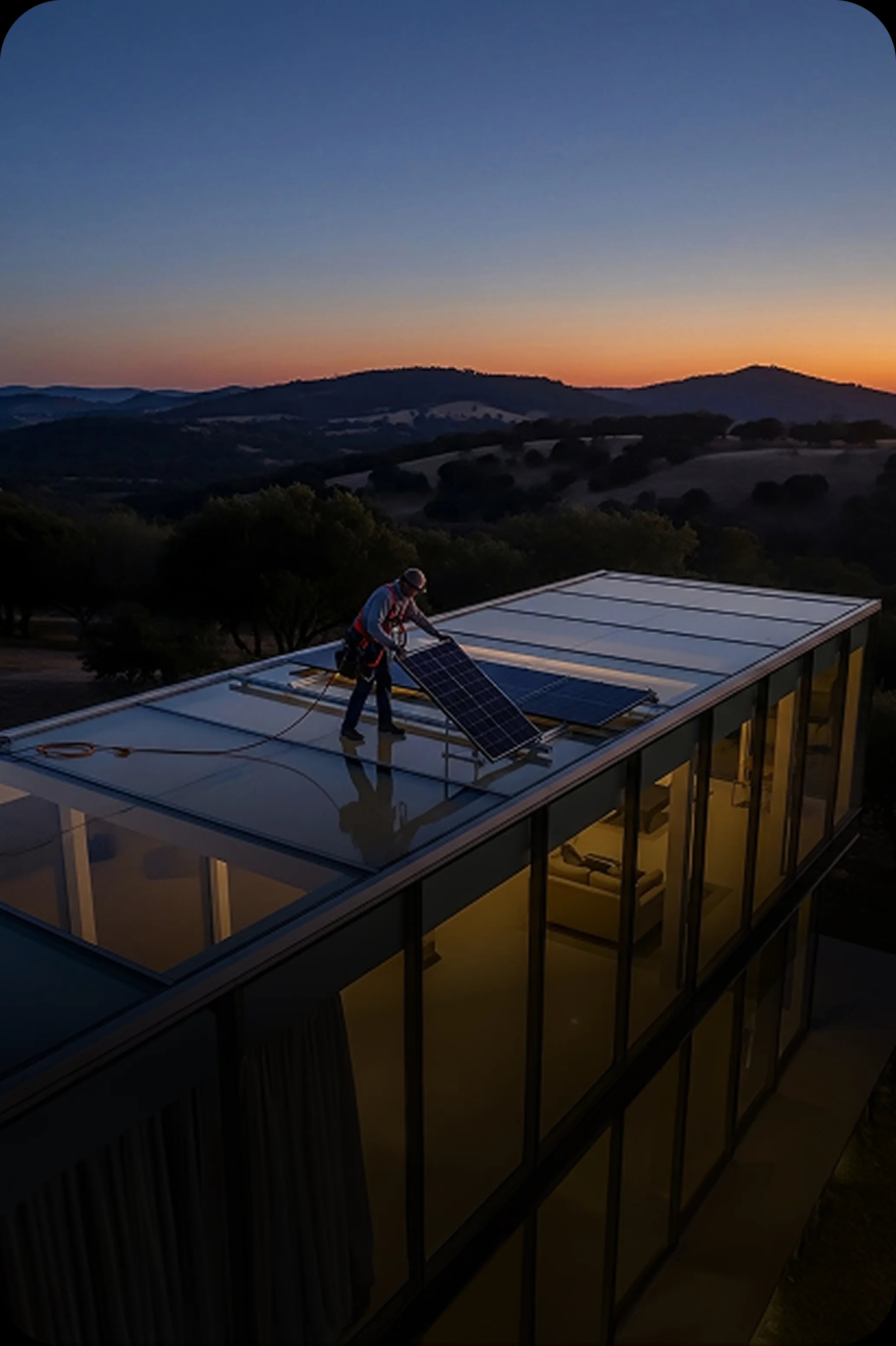 Workers installing solar panels on rooftop