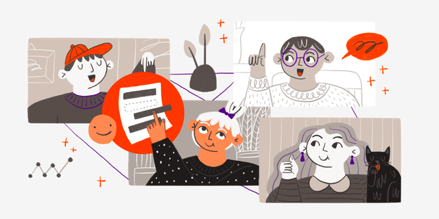 Ilustración que representa a cuatro personajes de una organización en cuatro pantallas conectadas entre sí