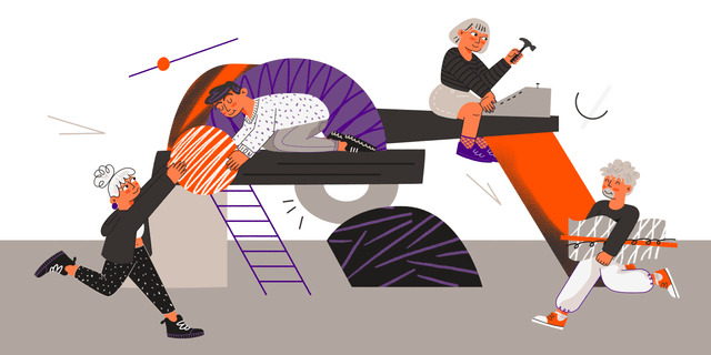 es una ilustracion que muestra a 4 personas colaborando para construir algo. 