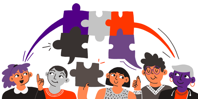 Ilustracion: 5 personas armando un rompecabezas en forma colaborativa. 