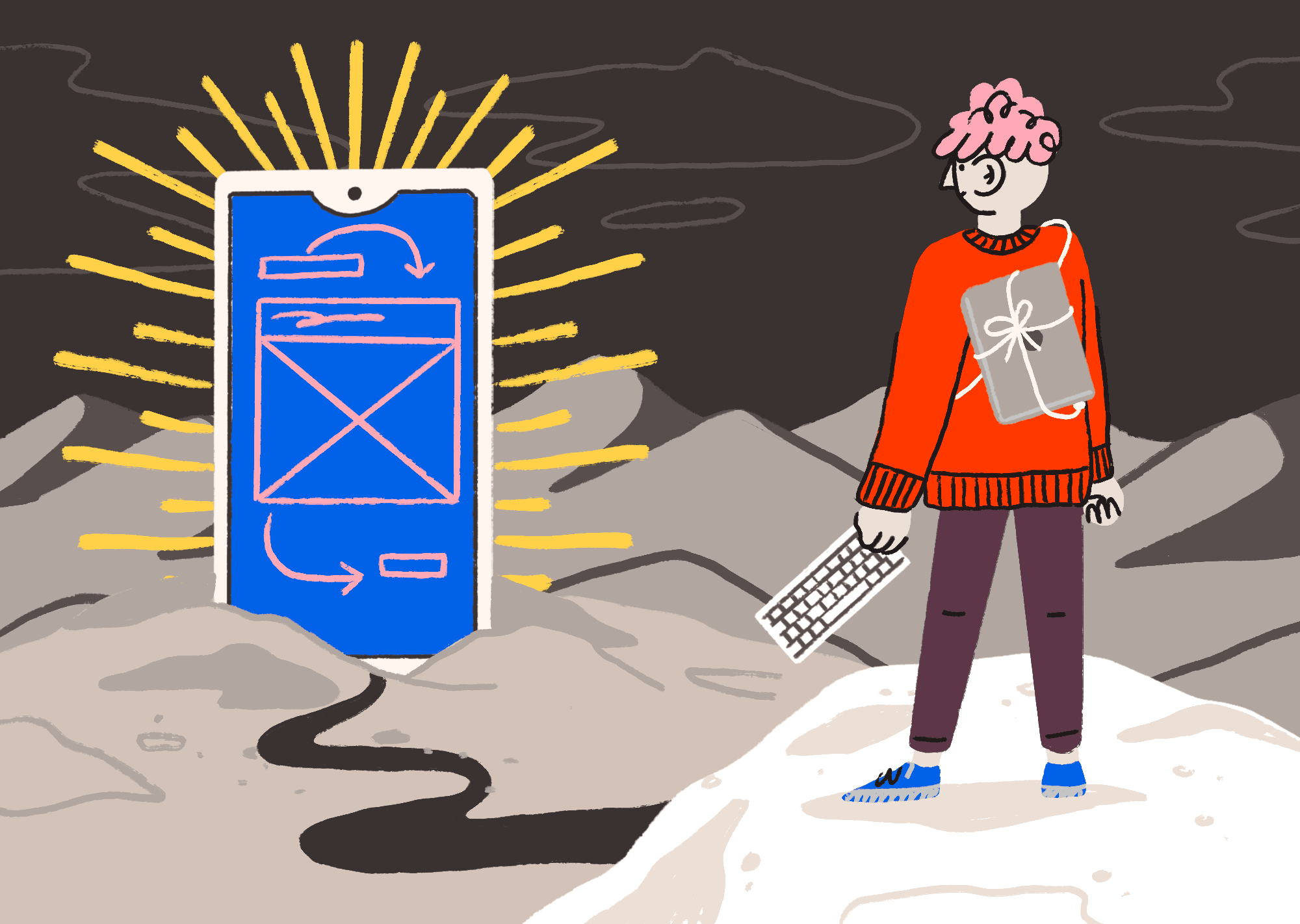 Portada del articulo con un usuario en una cima viendo la UI de una pantalla