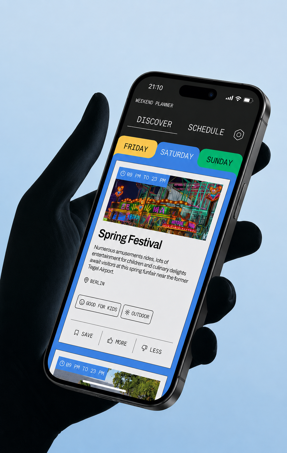 Weekend Planner running on a phone in hand